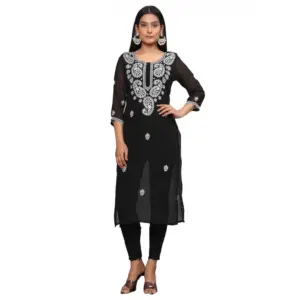 Women's Casual 3/4th Sleeve Embroidered Georgette Kurti (Black)