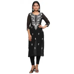 Women's Casual 3/4th Sleeve Embroidered Georgette Kurti (Black)