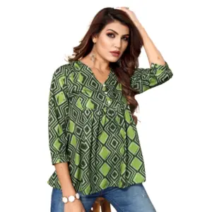 Women's Casual 3/4th Sleeve Printed Crepe Top (Dark Green)