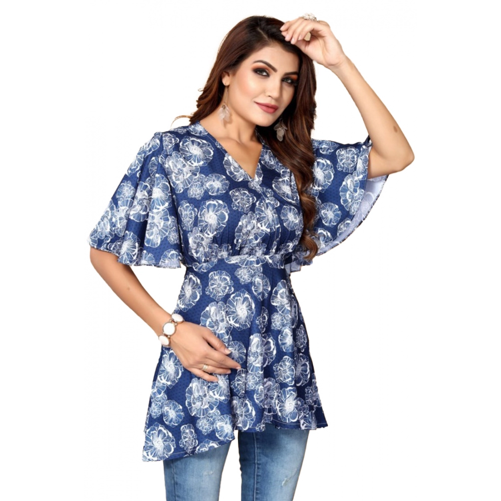 Women's Casual Half Sleeve Printed Crepe Top (Blue)