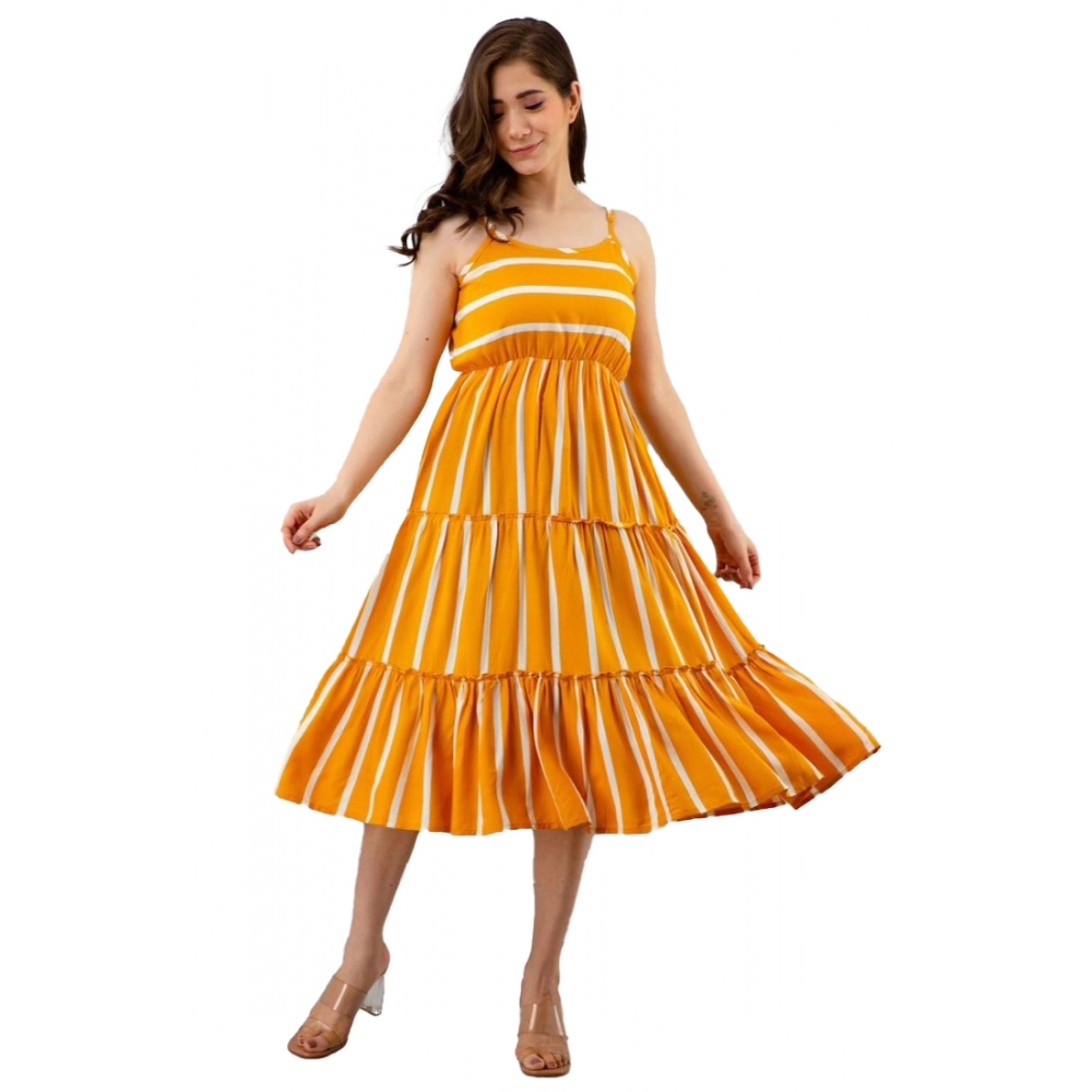 Women's Casual Sleeveless Striped Crape Dresses (Mustard)