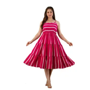 Women's Casual Sleeveless Striped Crape Dresses (Pink)