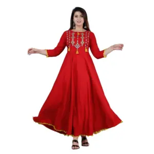Women's Casual 3/4th Sleeve Embroidered Viscose Rayon Kurti (Maroon)
