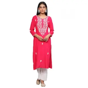 Women's Casual 3/4th Sleeve Embroidered Georgette Kurti (Pink)