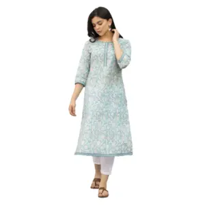 Women's Casual 3/4th Sleeve Floral Print Cotton Blend Kurti (Sky Blue)