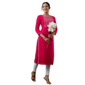 Women's Casual 3/4th Sleeve Embroidered Viscose Rayon Kurti (Red)