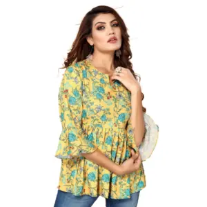 Women's Casual 3/4th Sleeve Printed Crepe Top (Yellow)