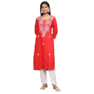 Women's Casual 3/4th Sleeve Embroidered Georgette Kurti (Red)