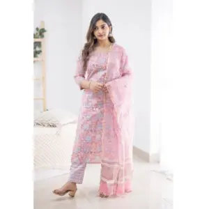 Women's Casual 3/4th Sleeve Printed Cotton Kurti Set (Pink)