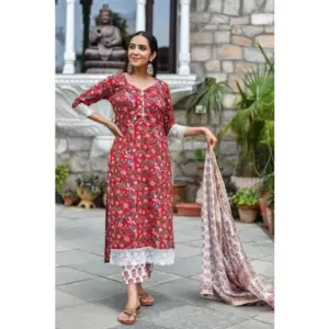 Women's Casual 3/4th Sleeve Printed Cotton Kurti Set (Red)