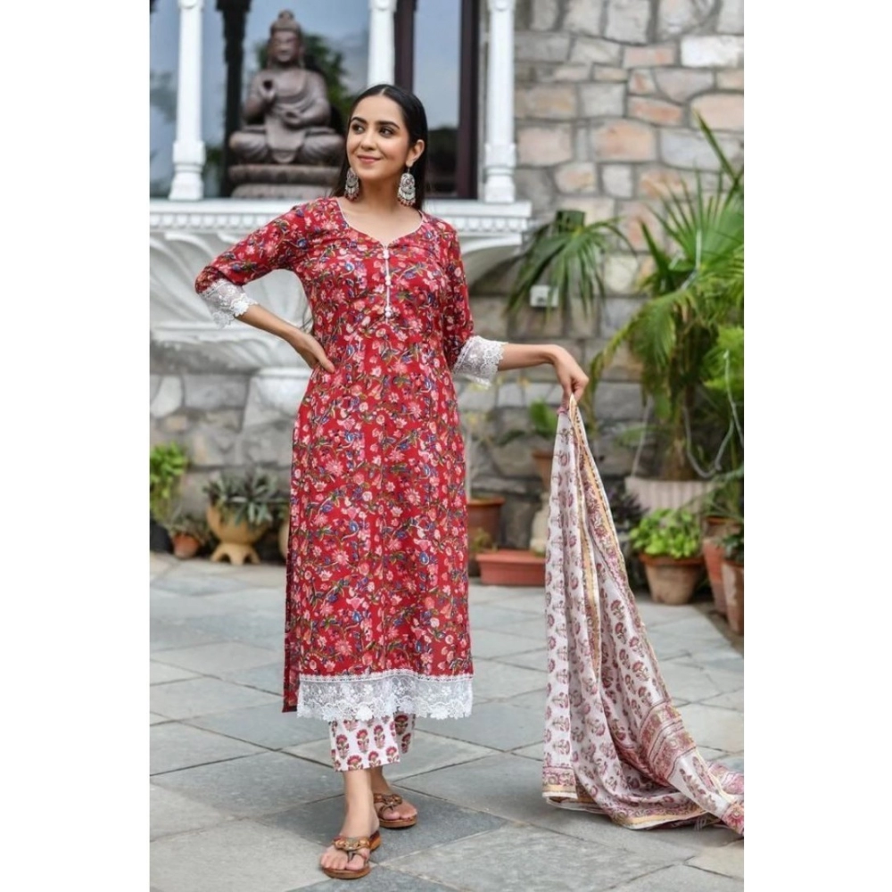 Women's Casual 3/4th Sleeve Printed Cotton Kurti Set (Red)