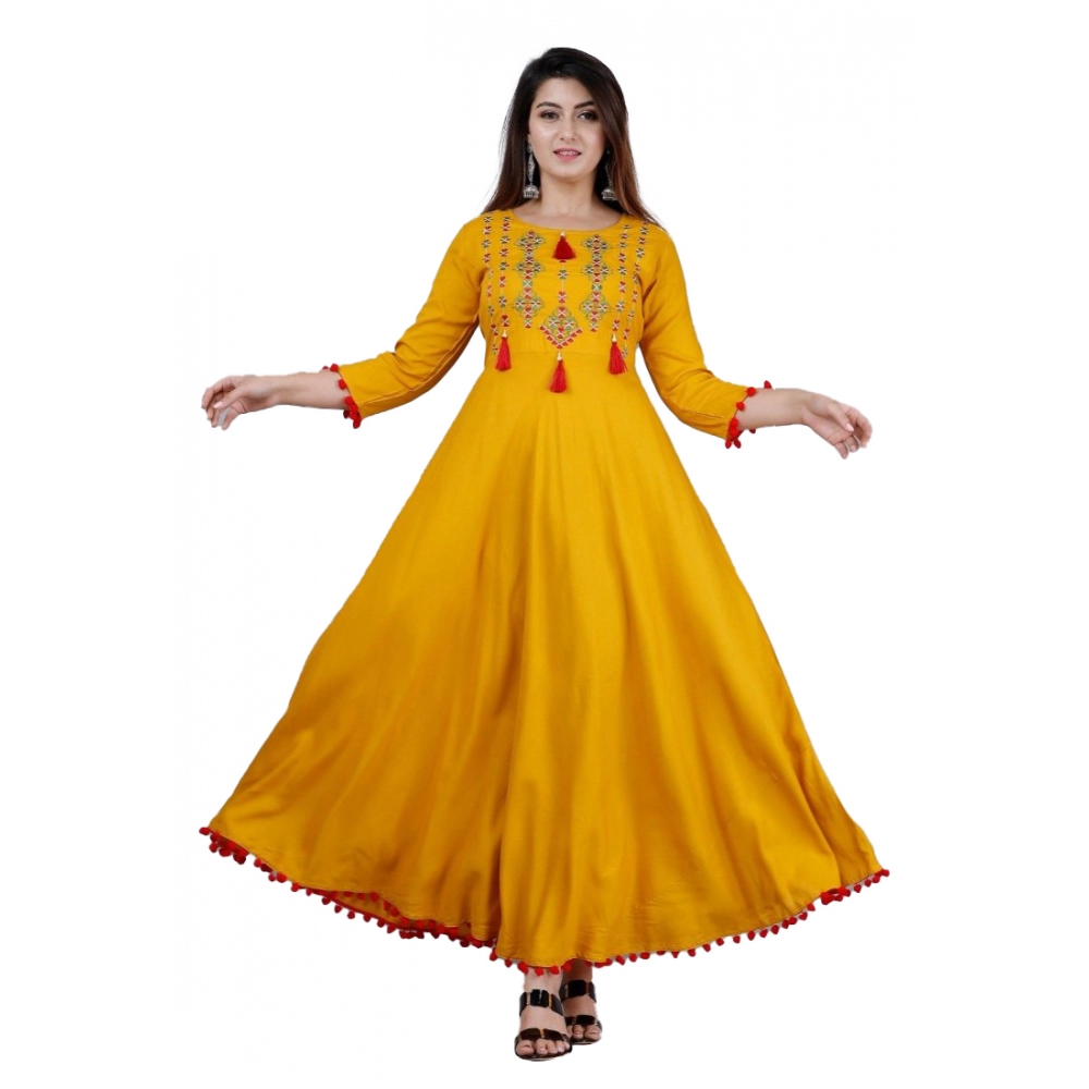 Women's Casual 3/4th Sleeve Embroidered Viscose Rayon Kurti (Mustard)