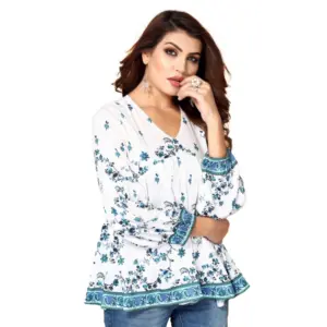 Women's Casual 3/4th Sleeve Printed Crepe Top (White)