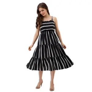 Women's Casual Sleeveless Striped Crape Dresses (Black)