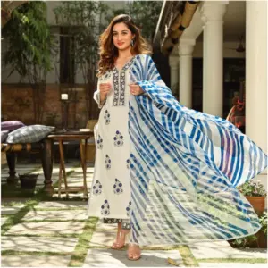 Women's Casual 3/4th Sleeve Printed Cotton Kurti Set (White And Blue)