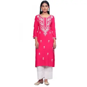 Women's Casual 3/4th Sleeve Embroidered Georgette Kurti (Pink)