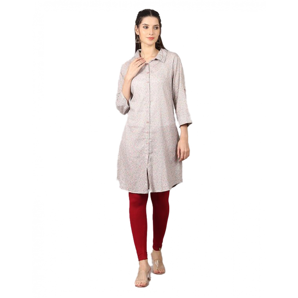 Women's Casual 3/4 Sleeve Cotton Blend Printed Kurti (Grey)