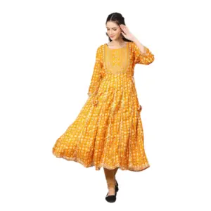 Women's Casual 3/4 Sleeve Cotton Blend Printed Kurti (Yellow)