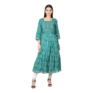 Women's Casual 3/4 Sleeve Cotton Blend Printed Kurti (Light Blue)