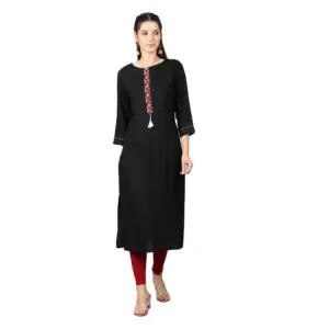 Women's Casual 3/4 Sleeve Viscose Rayon Printed Kurti (Black)