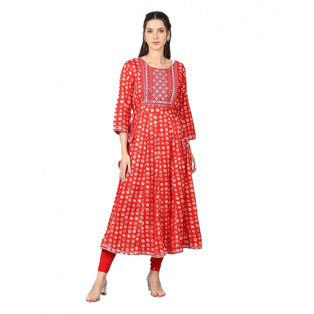 Women's Casual 3/4 Sleeve Cotton Blend Printed Kurti (Red)