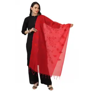 Women's Cotton Embroidered Dupatta (Red, Length:?2.25 to 2.50 Mtr)