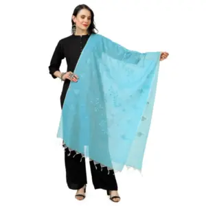 Women's Cotton Embroidered Dupatta (Aqua Blue, Length:?2.25 to 2.50 Mtr)