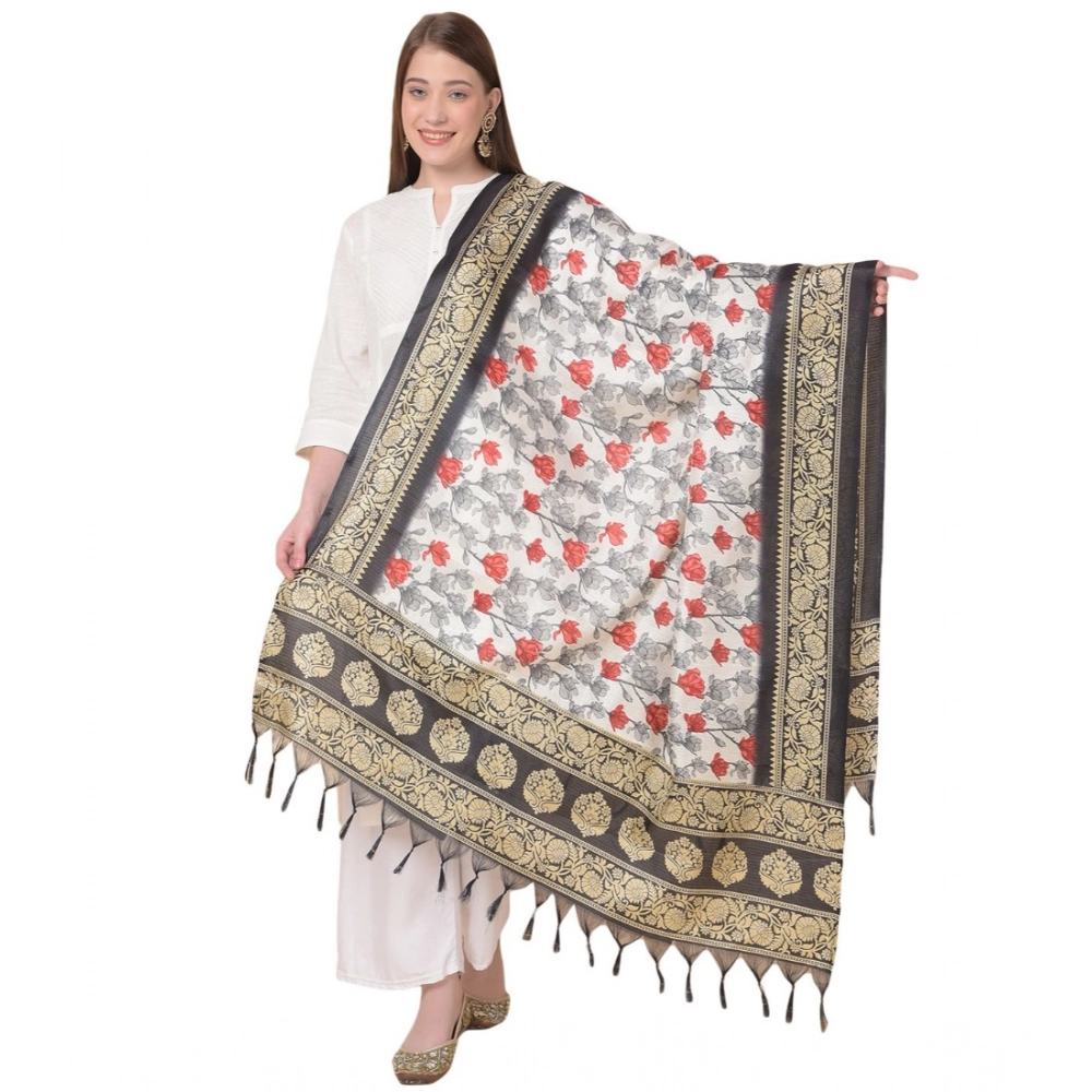 Women's Art Silk Printed Dupatta (Black, Length:?2.25 to 2.50 Mtr)