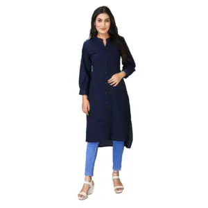 Women's Casual Full Sleeve Viscose Rayon Printed Kurti (Dark Blue)