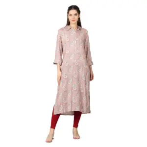 Women's Casual 3/4 Sleeve Viscose Rayon Printed Kurti (Pink)