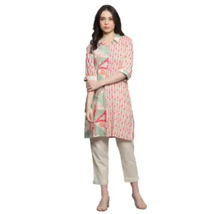 Women's Casual 3/4 Sleeve Viscose Rayon Printed Kurti (Pink)