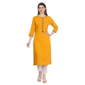 Women's Casual 3/4 Sleeve Viscose Rayon Printed Kurti (Yellow)