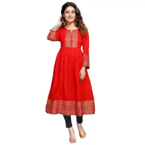 Women's Casual 3/4 Sleeve Viscose Rayon Foil Printed Kurti (Red)
