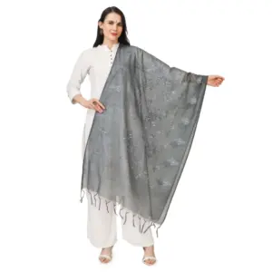 Women's Cotton Embroidered Dupatta (Grey, Length:?2.25 to 2.50 Mtr)