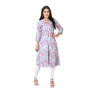 Women's Casual 3/4 Sleeve Viscose Rayon Printed Kurti (Grey)