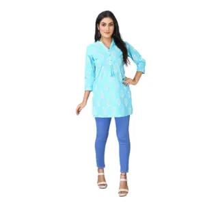 Women's Casual 3/4 Sleeve Cotton Blend Printed Kurti (Light Blue)