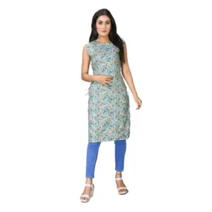 Women's Casual Sleeveless Viscose Rayon Printed Kurti (Light Green)