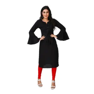Women's Casual Full Sleeve Viscose Rayon Printed Kurti (Black)