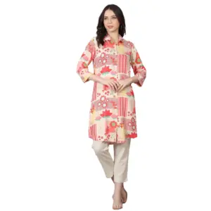 Women's Casual 3/4 Sleeve Viscose Rayon Printed Kurti (Pink)