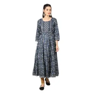 Women's Casual 3/4 Sleeve Cotton Blend Printed Kurti (Dark Blue)