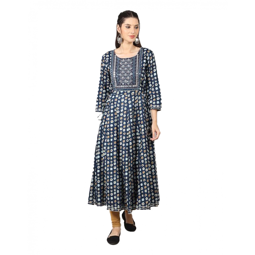 Women's Casual 3/4 Sleeve Cotton Blend Printed Kurti (Dark Blue)