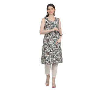 Women's Casual Sleeveless Viscose Rayon Printed Kurti (White)