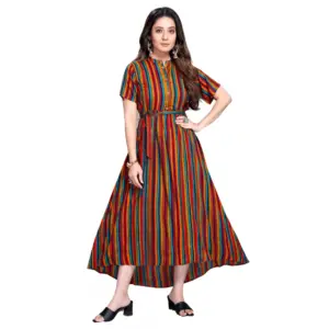Women's Casual 3/4 Sleeve Viscose Rayon Strip Kurti (Multicolor)