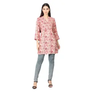 Women's Casual 3/4 Sleeve Viscose Rayon Printed Kurti (Pink)