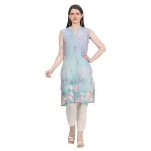 Women's Casual Sleeveless Cotton Blend Printed Kurti (Green)