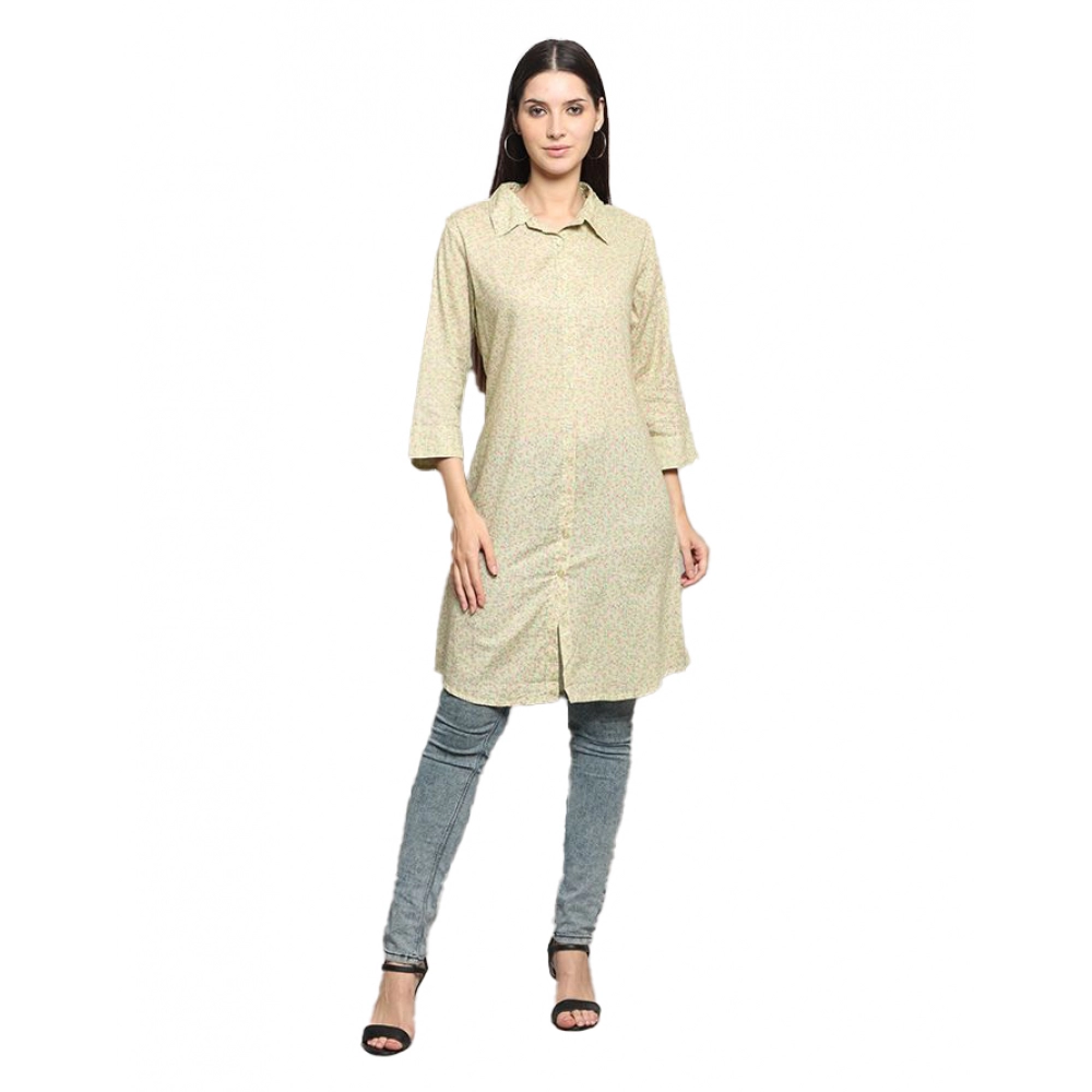 Women's Casual 3/4 Sleeve Cotton Blend Printed Kurti (Green)