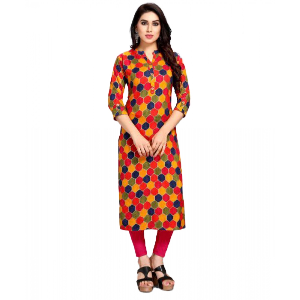 Women's Casual 3/4 Sleeve Tussar Silk Printed Kurti (Pink)