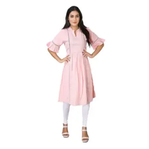 Women's Casual Short Sleeve Silk Blend Printed Kurti (Pink)