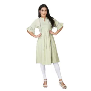 Women's Casual Short Sleeve Silk Blend Printed Kurti (Green)