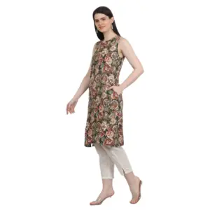 Women's Casual Sleeveless Viscose Rayon Printed Kurti (Green)